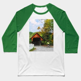 Woodstock VT - Bicyclist at Middle Bridge Baseball T-Shirt